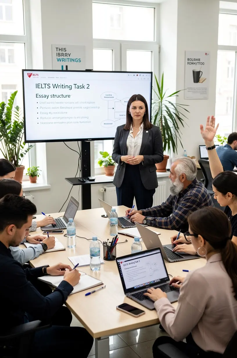 Instructor explaining IELTS exam strategies to a small group of attentive learners in a classroom